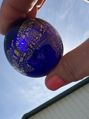Handblown Cobalt Blue Glass Art Sphere with Gold Foil Accents